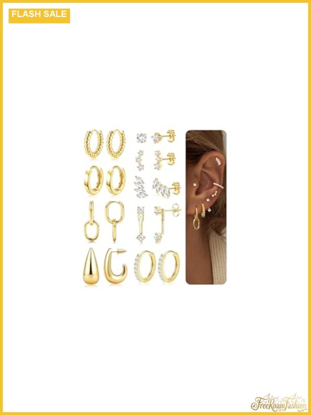 9 Pair 14K Gold Plated Hoop Earring Stacks Hypoallergenic Set